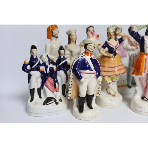 465 - Seven 19th century Staffordshire flat back figure groups, including figures of Milton, Nelson, a pai... 