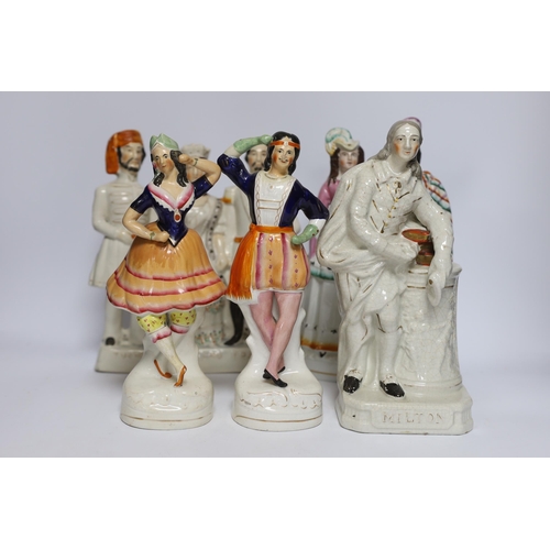 465 - Seven 19th century Staffordshire flat back figure groups, including figures of Milton, Nelson, a pai... 