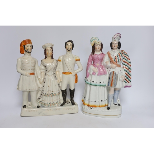 465 - Seven 19th century Staffordshire flat back figure groups, including figures of Milton, Nelson, a pai... 