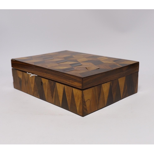 471 - An early 19th century specimen wood perspective cube marquetry jewellery box, 27cm wide, 19.5cm deep... 