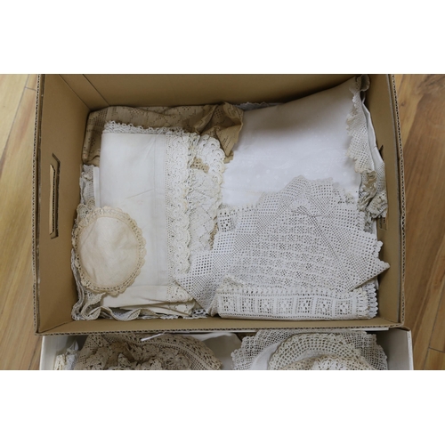 472 - A large collection of ornate hand crochet edged table cloths, mats etc