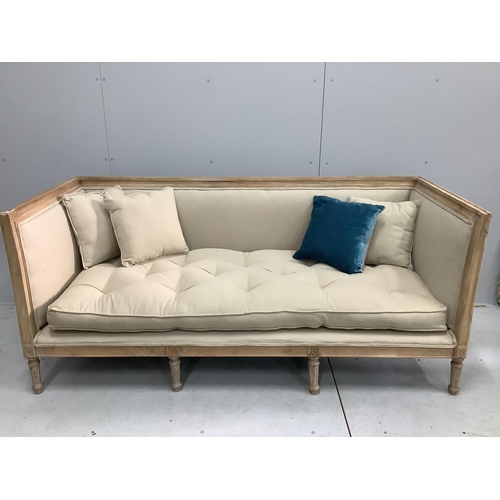 48 - A Contemporary bleached wood and natural fabric settee, width 190cm, depth 80cm, height 83cm