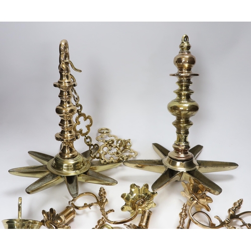 482 - Judaica - two brass Sabbath lamps, one including chain (2), tallest (including chain) 95cm long, and... 