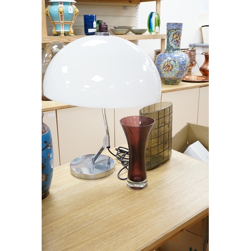 486 - Two modern glass vases and a modernist table lamp with Perspex  shade, largest 57cm high