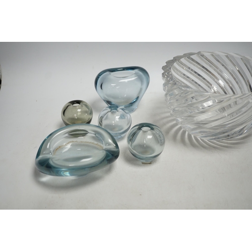 491 - Seven glass items including two Orrefors, Sweden heavy cut glass bowls, one by Jan Johansson, and fi... 