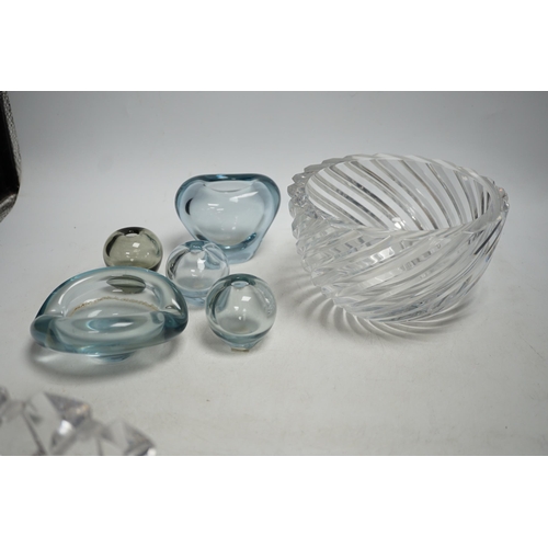 491 - Seven glass items including two Orrefors, Sweden heavy cut glass bowls, one by Jan Johansson, and fi... 