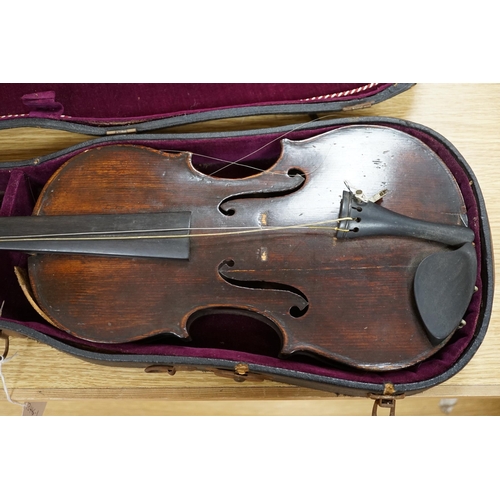 496 - A George Craske (1797-1888) violin with a Hill & Son label, cased (a.f.)