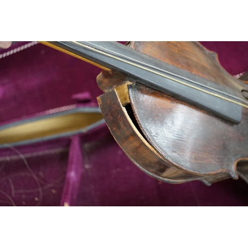 496 - A George Craske (1797-1888) violin with a Hill & Son label, cased (a.f.)