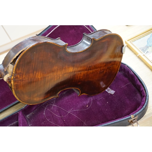 496 - A George Craske (1797-1888) violin with a Hill & Son label, cased (a.f.)