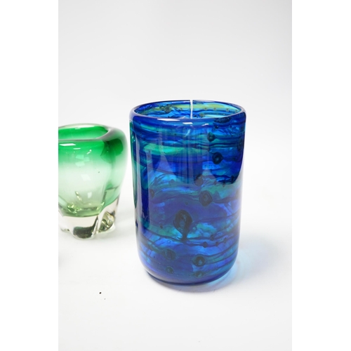 500 - Whitefriars glass - a Greek Key pattern vase, a streaky blue vase and a 'tooth' vase, tallest 17cm... 