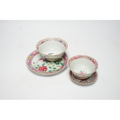 503 - Two Chinese Straits Nonya ware famille rose tea bowls, larger 11cm diameter, and two saucer dishes, ... 