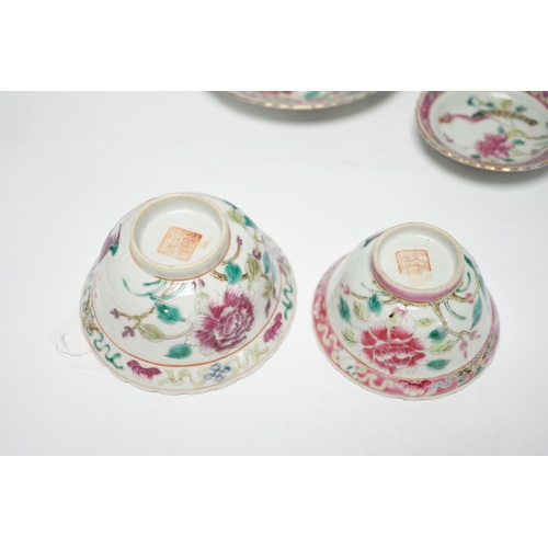 503 - Two Chinese Straits Nonya ware famille rose tea bowls, larger 11cm diameter, and two saucer dishes, ... 