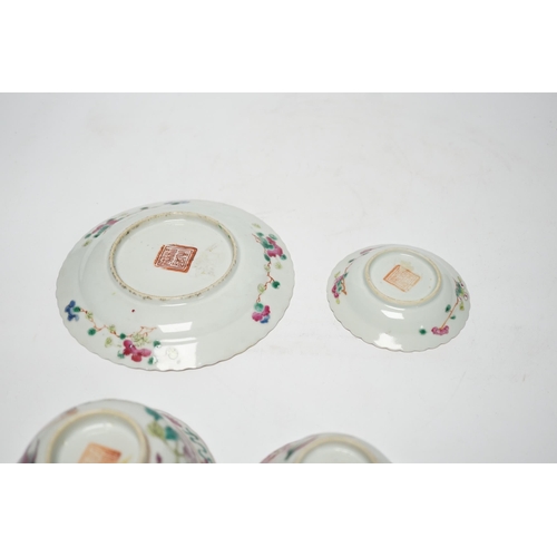 503 - Two Chinese Straits Nonya ware famille rose tea bowls, larger 11cm diameter, and two saucer dishes, ... 