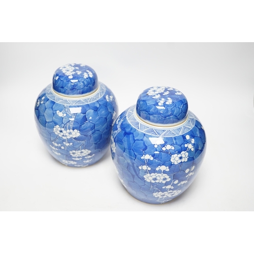 504 - A pair of Chinese blue and white prunus jars and covers, late 19th century, 21.5cm