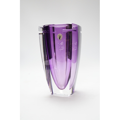 505 - A Waterford amethyst stained square section glass vase, 24.5cm