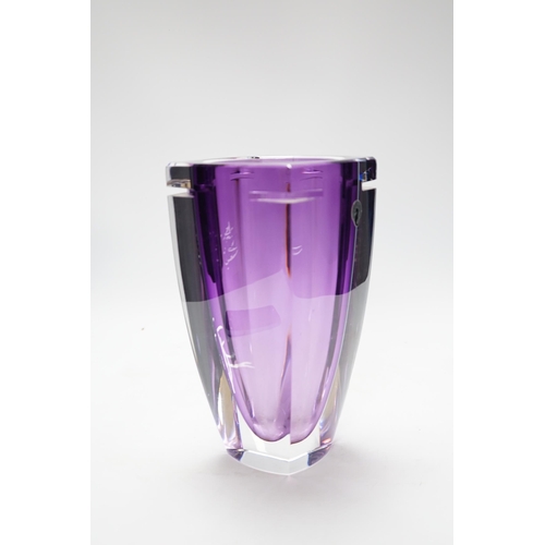 505 - A Waterford amethyst stained square section glass vase, 24.5cm