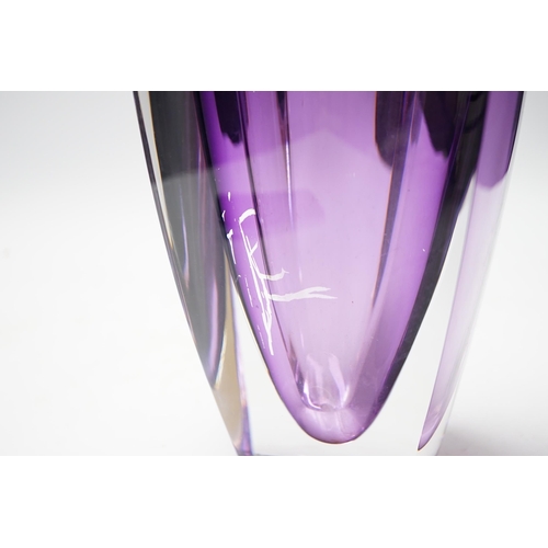 505 - A Waterford amethyst stained square section glass vase, 24.5cm