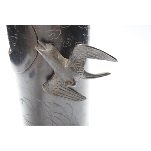 516 - A Japanese bronze cylinder vase with applied bird, 28cm