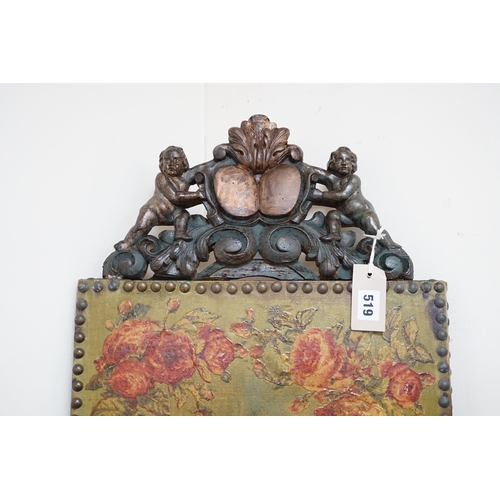 519 - A 19th decoupage canvas panel with studded edges and carved figural mount, 107cm high