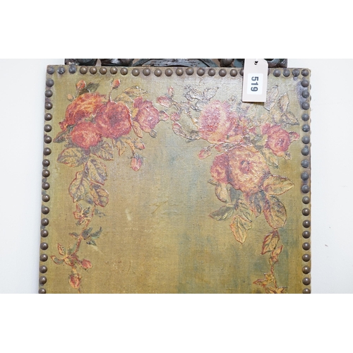 519 - A 19th decoupage canvas panel with studded edges and carved figural mount, 107cm high