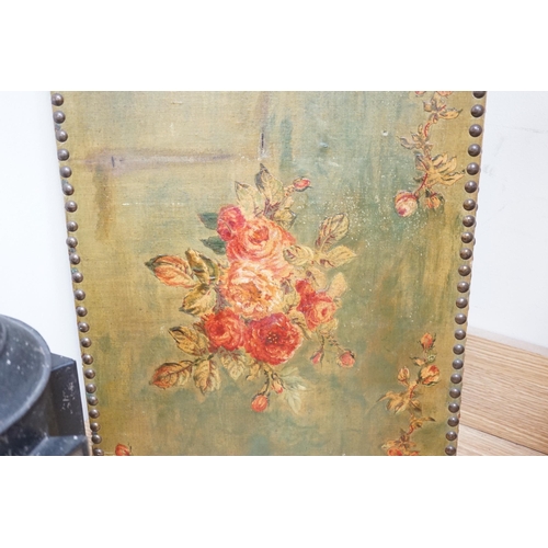 519 - A 19th decoupage canvas panel with studded edges and carved figural mount, 107cm high