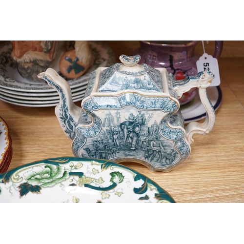 527 - A Spode collectors plate, a Victorian teapot, a Masons vase  a Minton dish etc, vase 21cm high... 