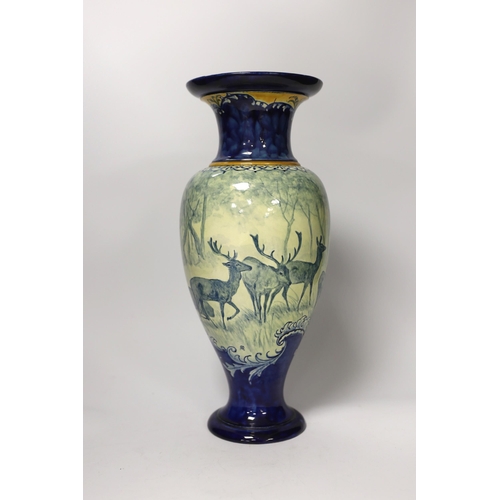 533 - A Doulton Lambeth faience vase, c.1900, attributed to Hannah Barlow, painted with deer in woodland, ... 