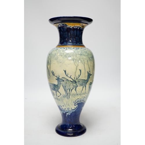 533 - A Doulton Lambeth faience vase, c.1900, attributed to Hannah Barlow, painted with deer in woodland, ... 