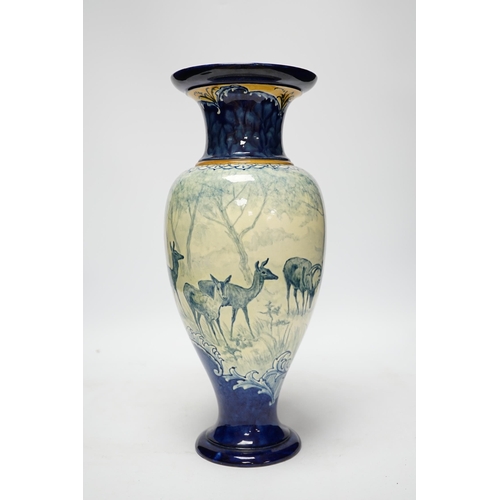 533 - A Doulton Lambeth faience vase, c.1900, attributed to Hannah Barlow, painted with deer in woodland, ... 