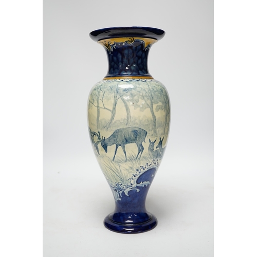 533 - A Doulton Lambeth faience vase, c.1900, attributed to Hannah Barlow, painted with deer in woodland, ... 