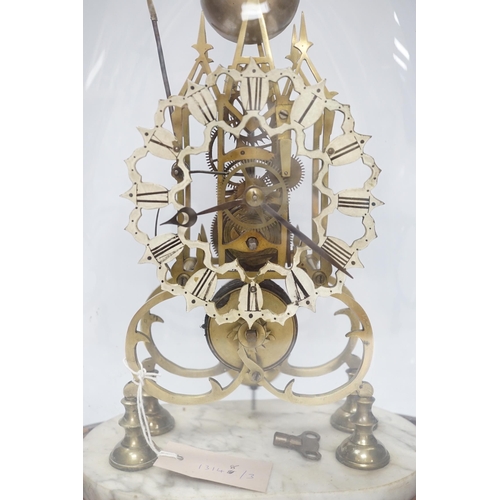 535 - A late 19th century skeleton clock, under glass dome, 44cm high .