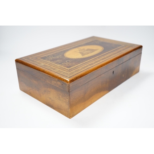 537 - A late 19th century walnut sewing box, inlaid with a Napoleonic sea fort to a central cartouche on t... 