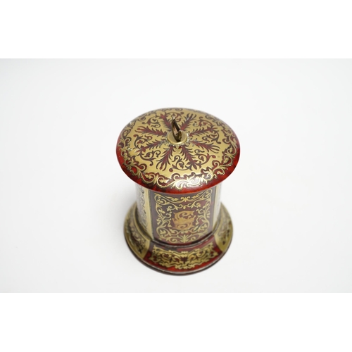 545 - A 19th century French Boulle work cylindrical string box and cover, 12cm high