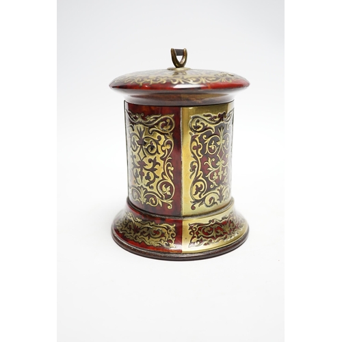 545 - A 19th century French Boulle work cylindrical string box and cover, 12cm high