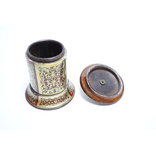 545 - A 19th century French Boulle work cylindrical string box and cover, 12cm high