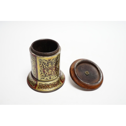 545 - A 19th century French Boulle work cylindrical string box and cover, 12cm high