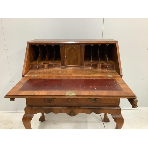 60 - A Queen Anne revival feather banded walnut bureau, width 82cm, depth 49cm, height 105cm