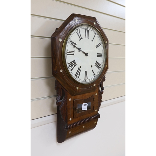 611 - A 19th century American rosewood wall clock with abalone inlay, 67cm high