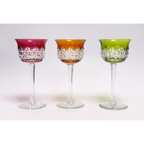 616 - Six Baccarat coloured cut wine glasses, 18cm high