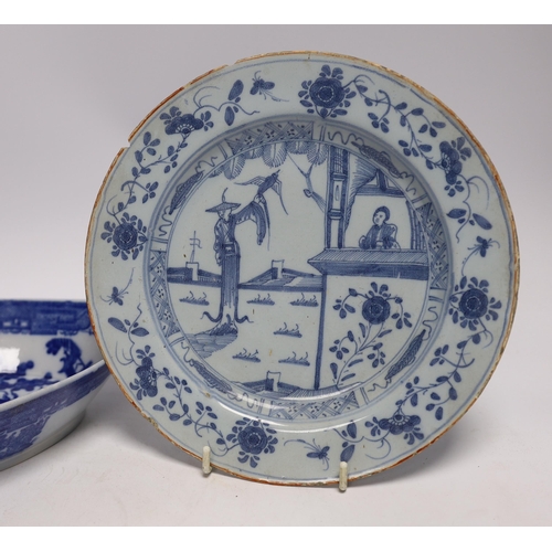 621 - An 18th century delftware plate and blue and white pearlware plate, largest 28cm wide