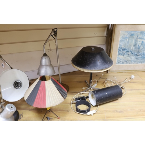 622 - Three vintage metal industrial style desklamps, two table lamps and one other lamp