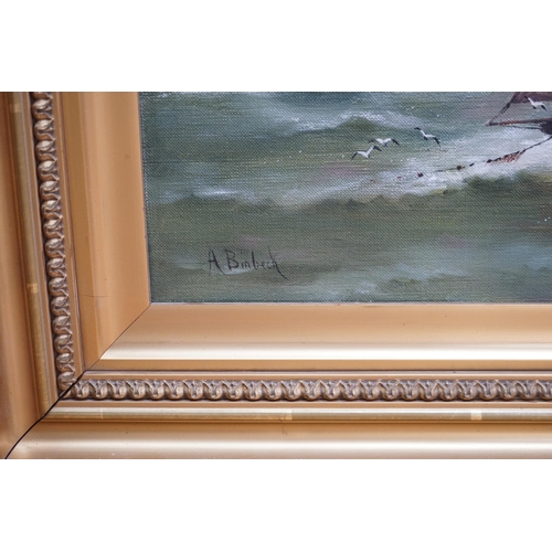 700 - A Binbeck (b. 1900) oil on canvas, Shipping off Hastings, signed, 30 x 60cm, ornate gilt framed... 