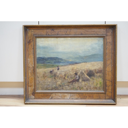 703 - Joshua Anderson Hague (1850-1916), Impressionist oil on canvas, Figures haymaking, signed, 40 x 50cm... 