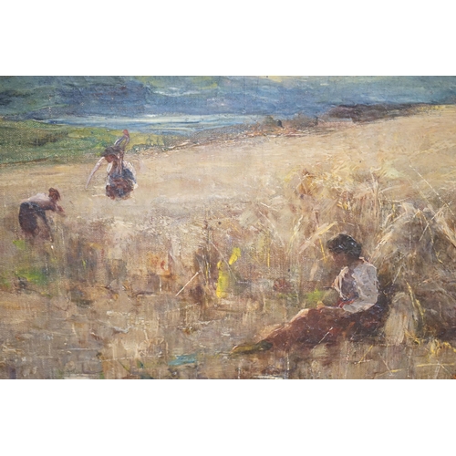 703 - Joshua Anderson Hague (1850-1916), Impressionist oil on canvas, Figures haymaking, signed, 40 x 50cm... 