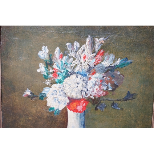 706 - German School c.1990, oil on canvas, still life of flowers in a Delft vase, indistinctly monogrammed... 