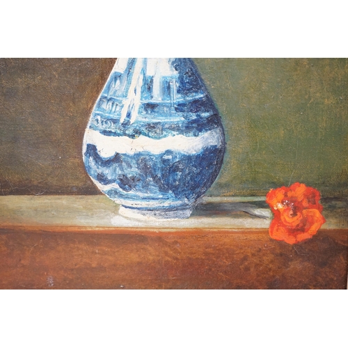 706 - German School c.1990, oil on canvas, still life of flowers in a Delft vase, indistinctly monogrammed... 