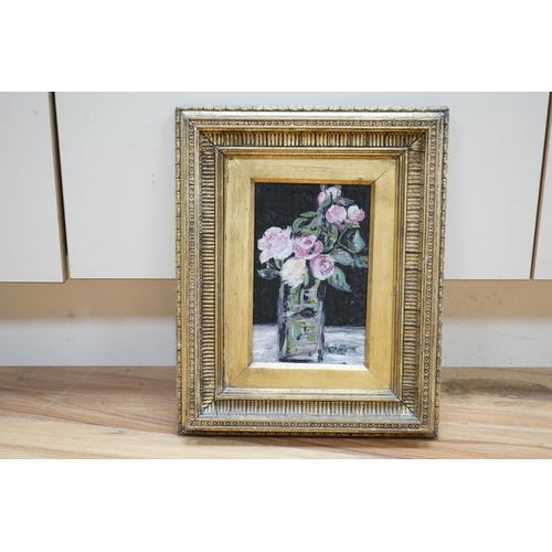 708 - English School, oil on board, Still life of roses in a vase, 18 x 11cm, ornate gilt frame