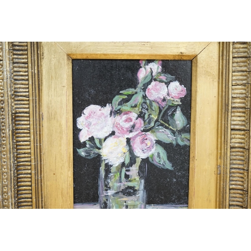 708 - English School, oil on board, Still life of roses in a vase, 18 x 11cm, ornate gilt frame