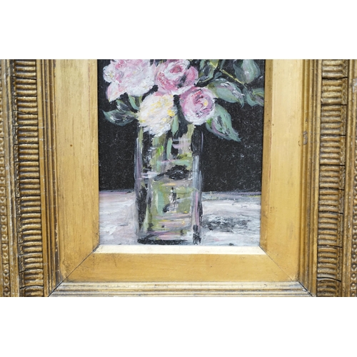 708 - English School, oil on board, Still life of roses in a vase, 18 x 11cm, ornate gilt frame