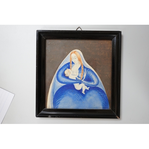 709 - German School, watercolour on card, The Virgin and child, Karl Nagel label and indistinct ink inscri... 